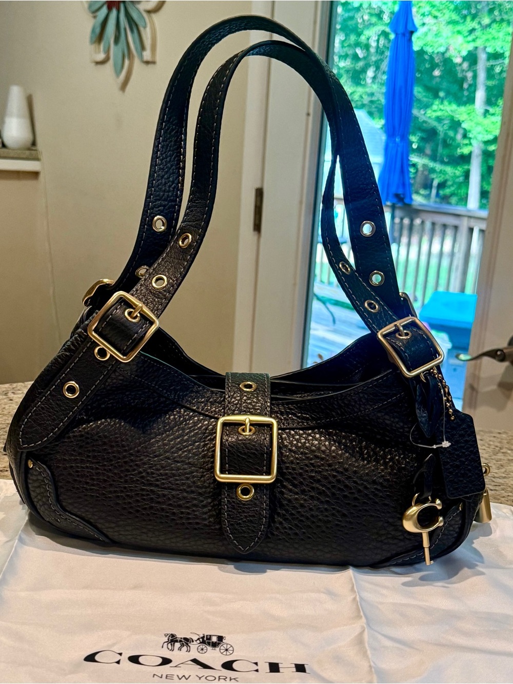 Coach drifter Black Pebbled Leather Shoulder Bag with Gold Hardware